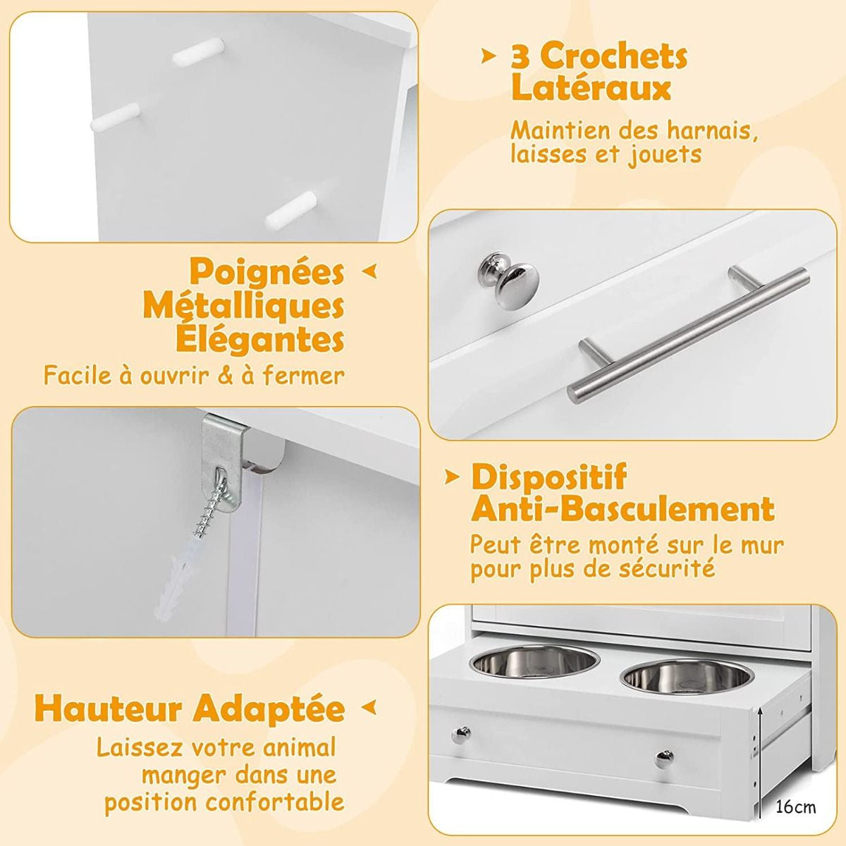 Station D'Alimentation Pour Animaux De Compagnie Avec Bol En Acier Inoxydable Crochet De Suspension Dispositif Anti-Basculement Pour Placard À Porte Basculante