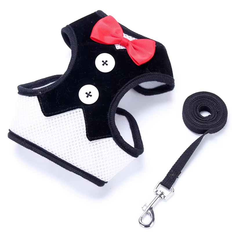Elegant Bowtie Dog Harness Vest with Leash Adjustable Cat Harness Leash Set Cute Bow Knot Tuxedo Suit for Cats Kitten Puppy