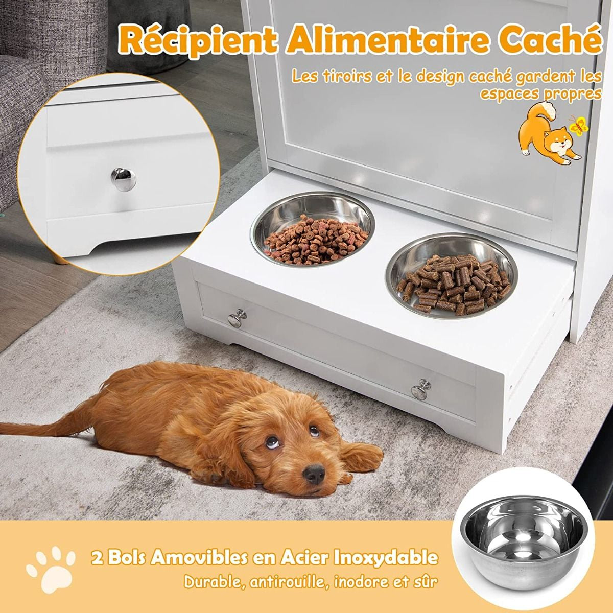 Station D'Alimentation Pour Animaux De Compagnie Avec Bol En Acier Inoxydable Crochet De Suspension Dispositif Anti-Basculement Pour Placard À Porte Basculante