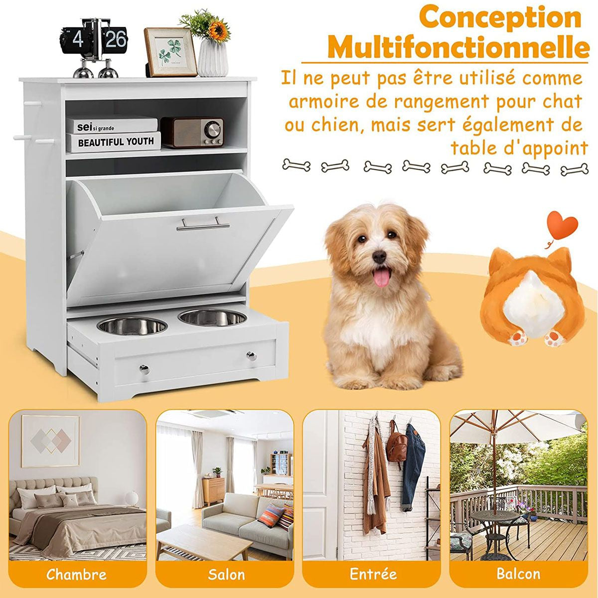 Station D'Alimentation Pour Animaux De Compagnie Avec Bol En Acier Inoxydable Crochet De Suspension Dispositif Anti-Basculement Pour Placard À Porte Basculante