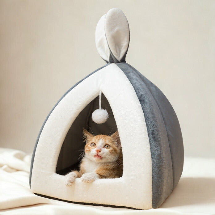 Maison douillette pour chat – Lit chaud et pliable en forme d’oreilles de lapin