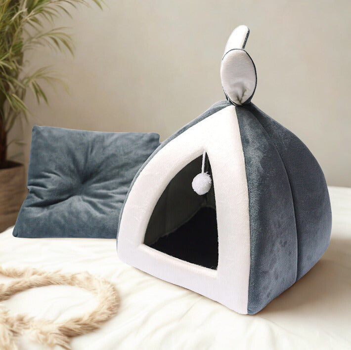 Maison douillette pour chat – Lit chaud et pliable en forme d’oreilles de lapin