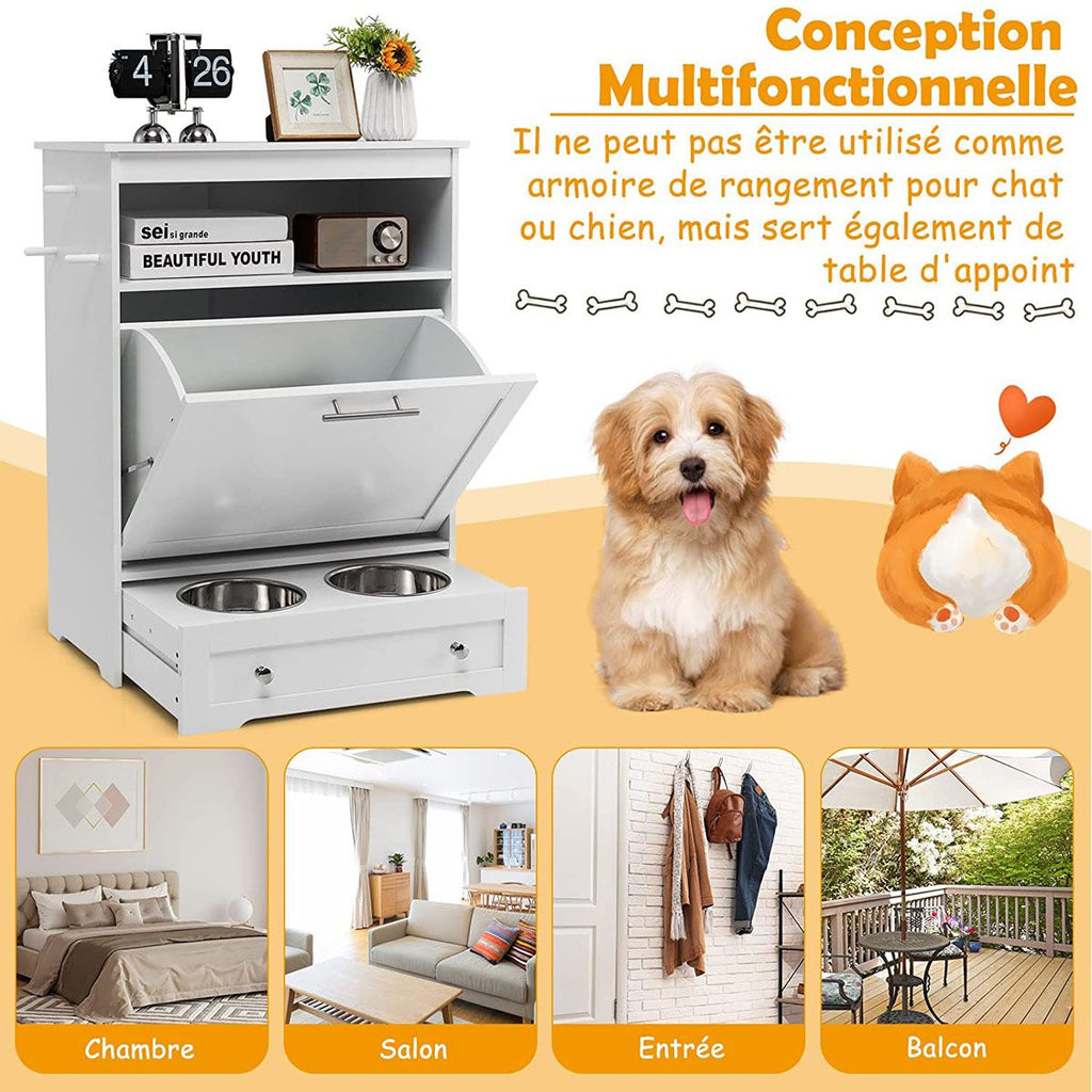 Station D'Alimentation Pour Animaux De Compagnie Avec Bol En Acier Inoxydable Crochet De Suspension Dispositif Anti-Basculement Pour Placard À Porte Basculante